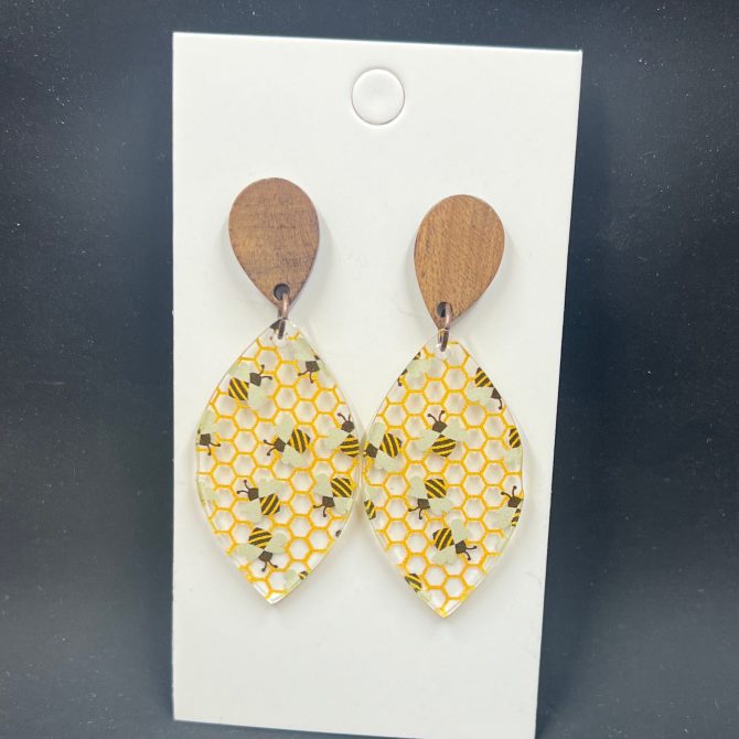 Bee Honeycomb/Wood Dangle Earrings