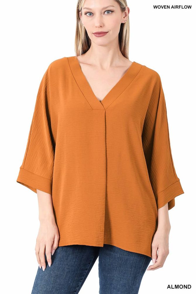 ..SI-19381 V-NECK DOLMAN 3/4 SLEEVE TOP WITH SIDE SLITS