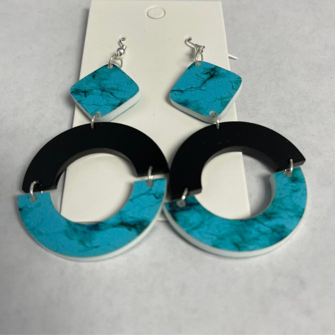 Black and Teal Diamond Dangle Earrings