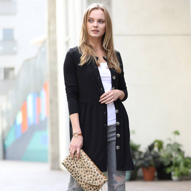 SHIRRED WAIST BUTTONED CARDIGAN WITH SIDE POCKET
