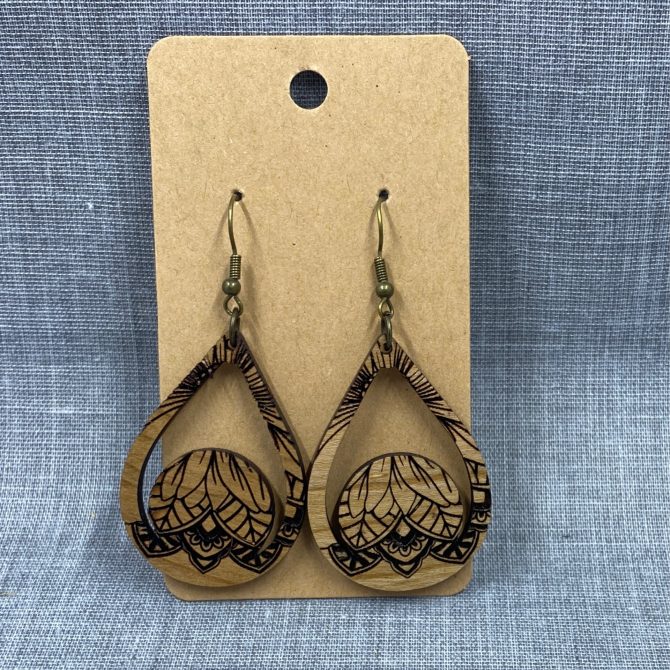 Floral Engraved Wood Dangle Earrings
