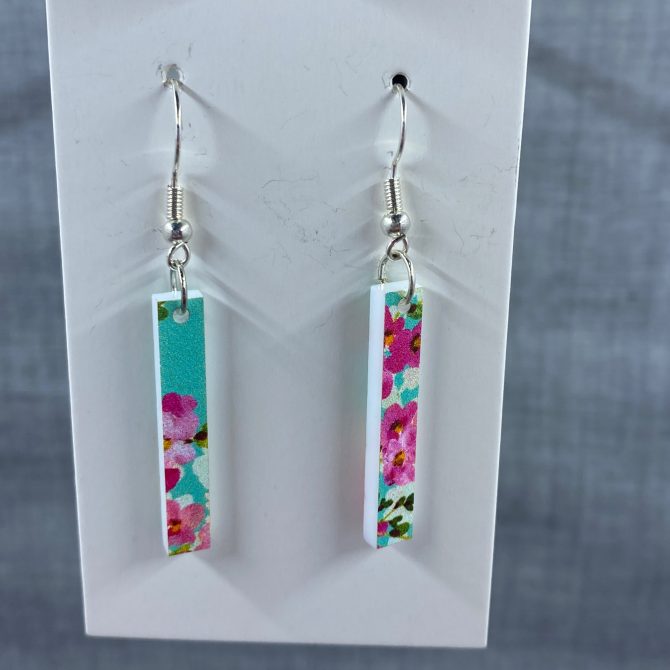 Teal/Pink Floral Bar Dangle Earrings
